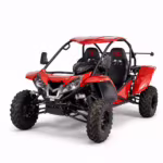 Red two-seater off-road dune buggy with black frame