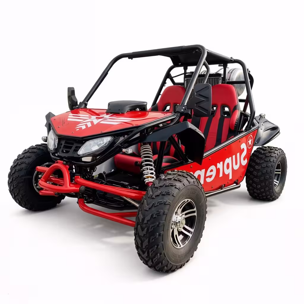 Red off-road dune buggy with roll cage