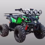 Green ATV with four front lights and rear rack