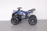 Blue electric ATV with black wheels and rear rack