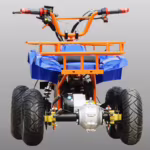 Rear view of orange and blue electric ATV quad bike