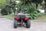 Orange ATV rear view with large tires and suspension