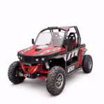 Red and black UTV side-by-side off-road vehicle