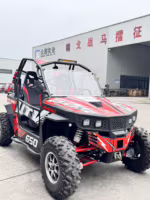 Red and black UTV with roll cage and off-road tires