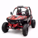 Red and black off-road UTV with roll cage and LED light bar