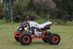Quadriciclo ATV juvenil branco e laranja na grama