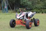 Quadriciclo esportivo ATV laranja e branco na grama