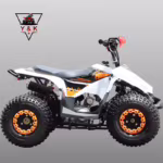 White youth ATV with orange flame decals