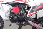 Motorcycle engine with red air filter and frame details