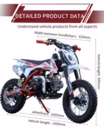 Moto de cross infantil con diagrama de dimensiones detallado.