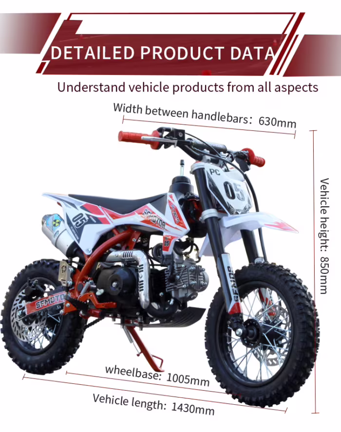 Moto de cross infantil con diagrama de dimensiones detallado.