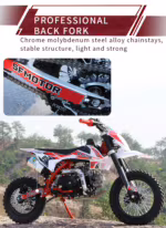 Moto de cross SFMOTOR con basculante trasero de acero al cromo-molibdeno.