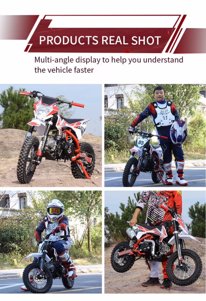 Exhibición de producto desde múltiples ángulos de motocicletas todoterreno rojas y blancas