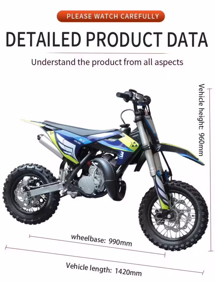 Moto de cross con dimensiones y especificaciones detalladas del producto.
