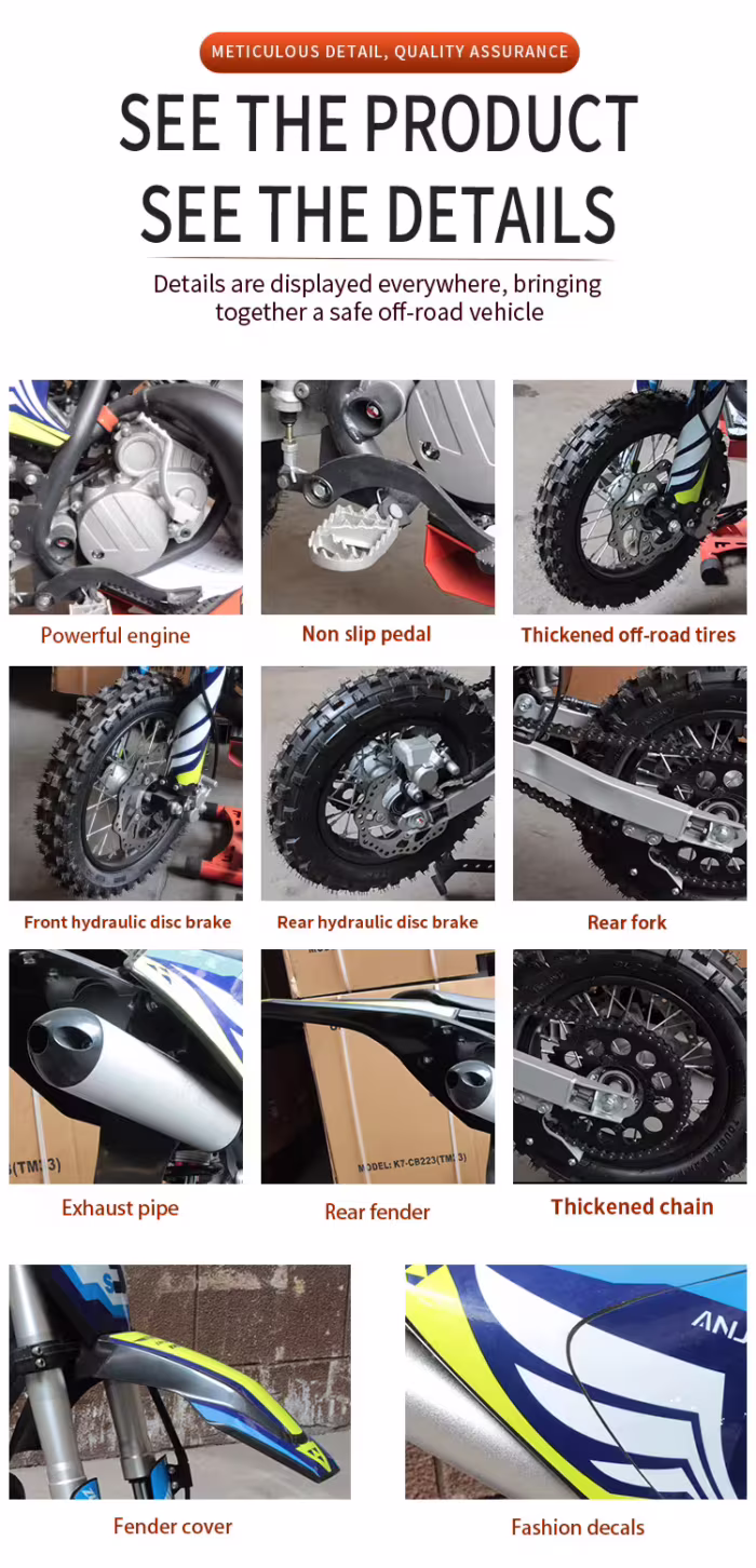 Infografía con detalles del producto de moto de cross y sus componentes.