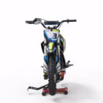 Blue and yellow dirt bike front view
