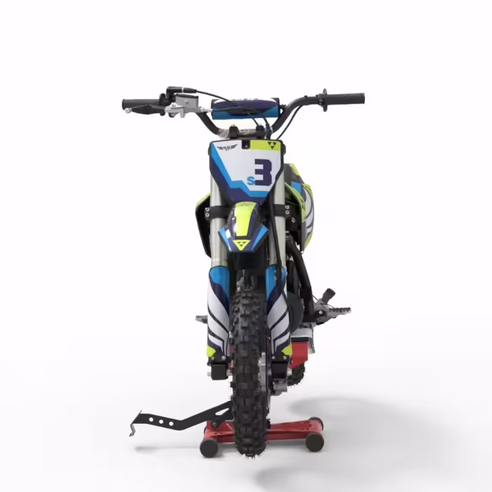 Vista frontal de una moto de cross azul y amarilla