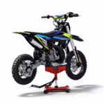 Blue and yellow mini dirt bike on red stand