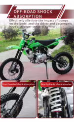 Moto de cross verde con sistema de amortiguación todoterreno.