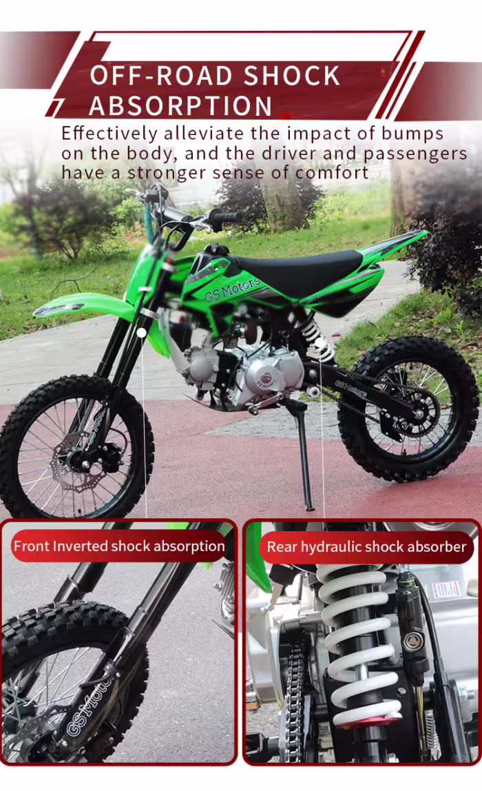 Moto de trilha verde com sistema de amortecimento para uso off-road