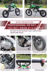 Presentación detallada del producto: motocicleta todoterreno verde con características del motor y los neumáticos.