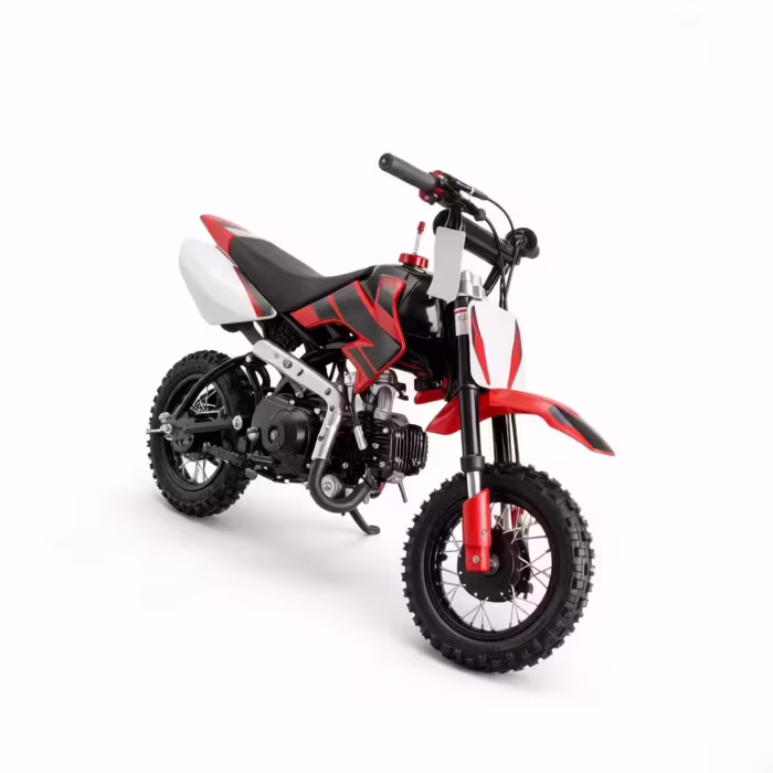 Moto de motocross infantil vermelha e preta em fundo branco