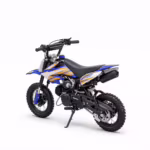 Vista lateral de una minimoto de cross azul y naranja