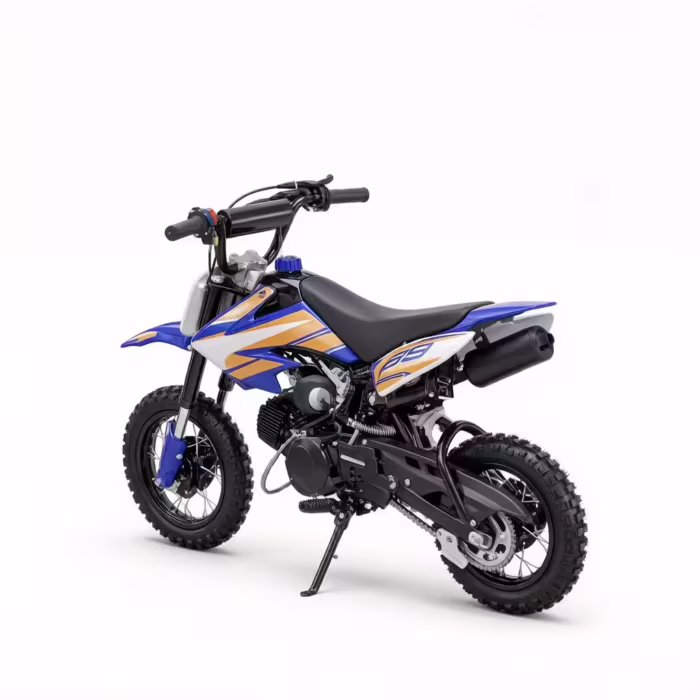 vista lateral de uma mini moto de motocross azul e laranja