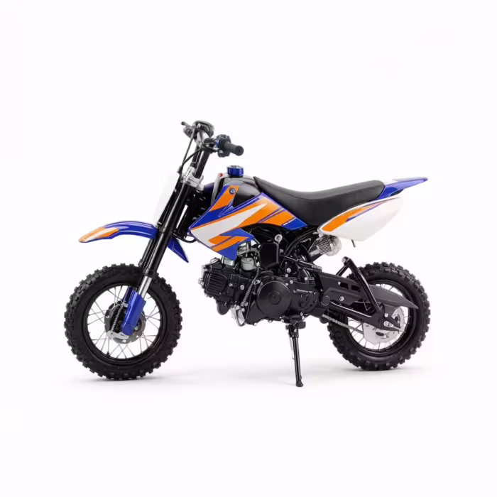 Moto de motocross infantil azul e laranja em fundo branco