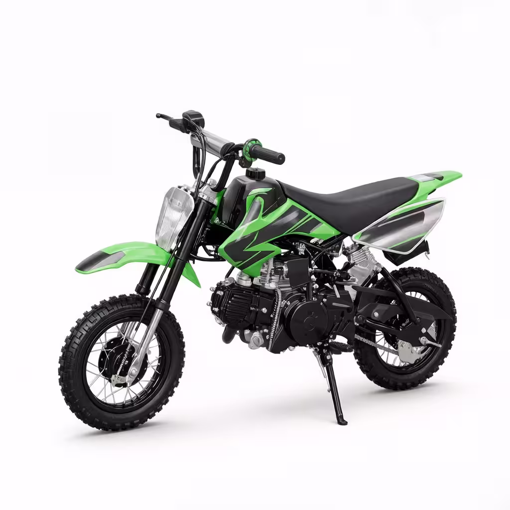 Mini moto de motocross verde e preta em fundo branco