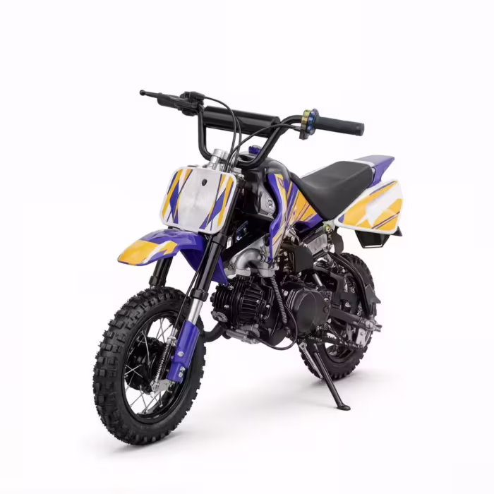 Mini moto de motocross azul e amarela em fundo branco
