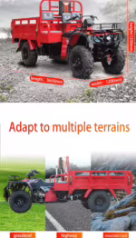 Red utility ATV with cargo trailer showing dimensions and terrain adaptability