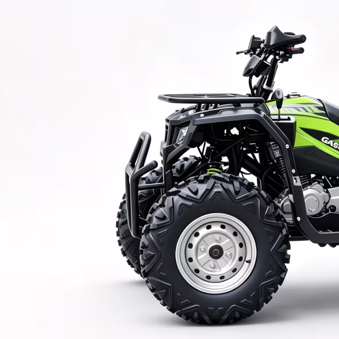 Quadriciclo 2WD verde e preto com pneus grandes para todo-terreno.
