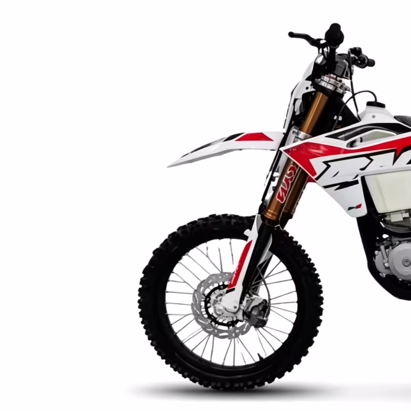 Moto de competição off-road 450cc branca e vermelha, vista frontal.