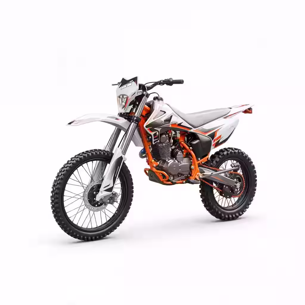 White and orange dirt bike with black tires