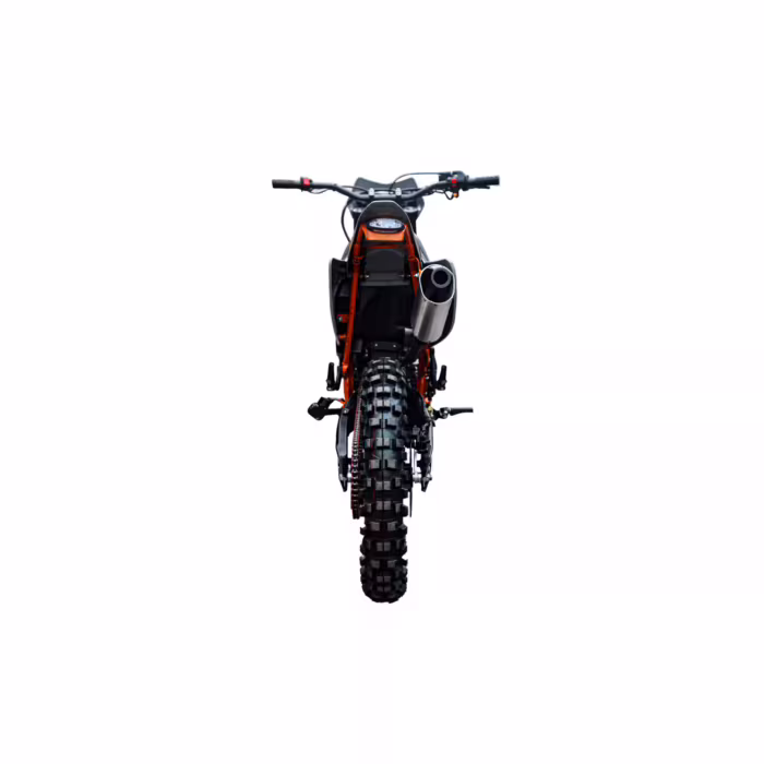 Vista trasera de una moto de cross naranja y negra.
