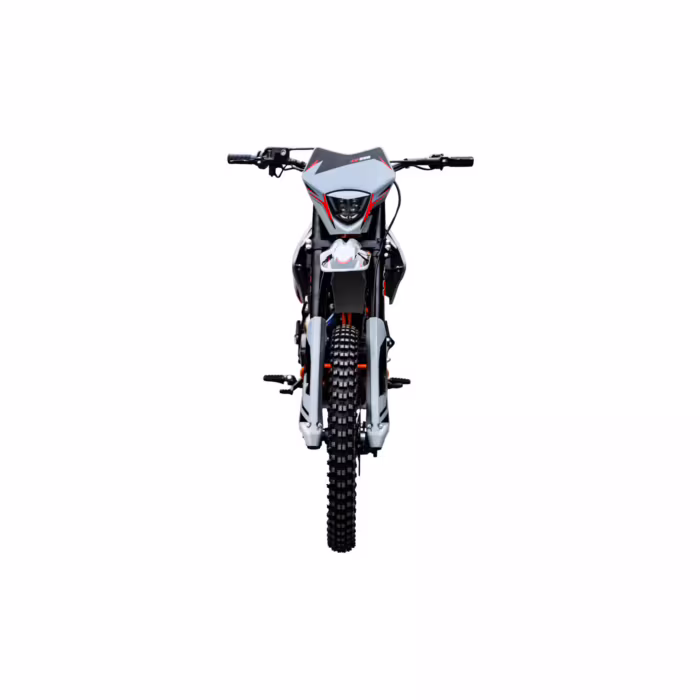 Vista frontal de una moto de cross gris