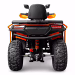 Rear view of orange and black ATV with suspension
