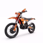 Orange and white off-road dirt bike with black seat