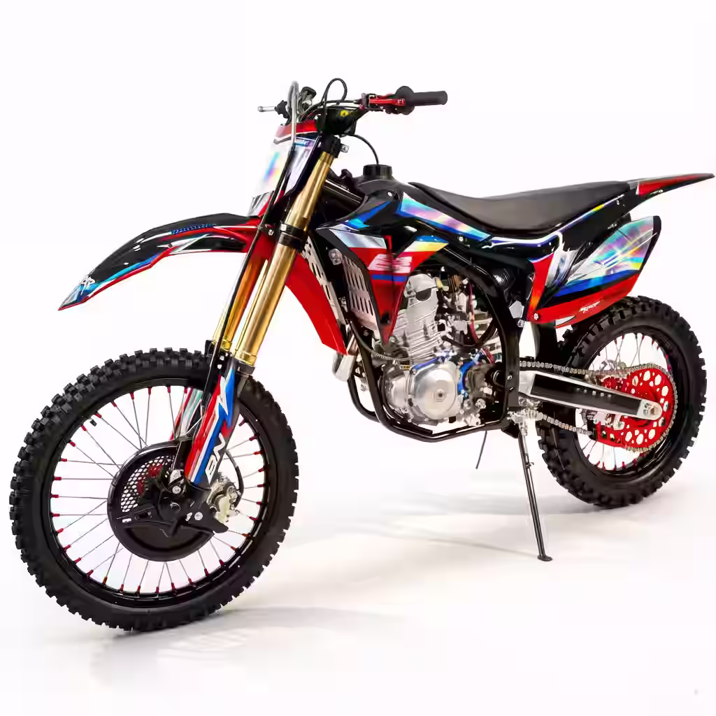 Colorful dirt bike with red blue graphics