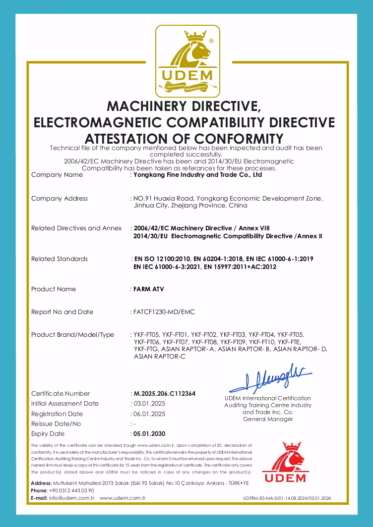 EU Machinery & EMC Certificate for YKF Farm ATVs