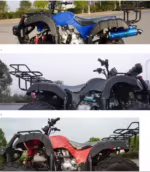 Three ATV quad bikes in blue, black and red colors