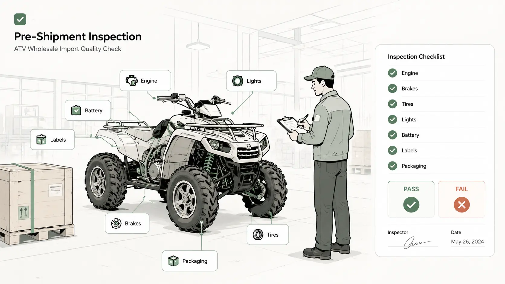 ATV pre-shipment inspection checklist with technician