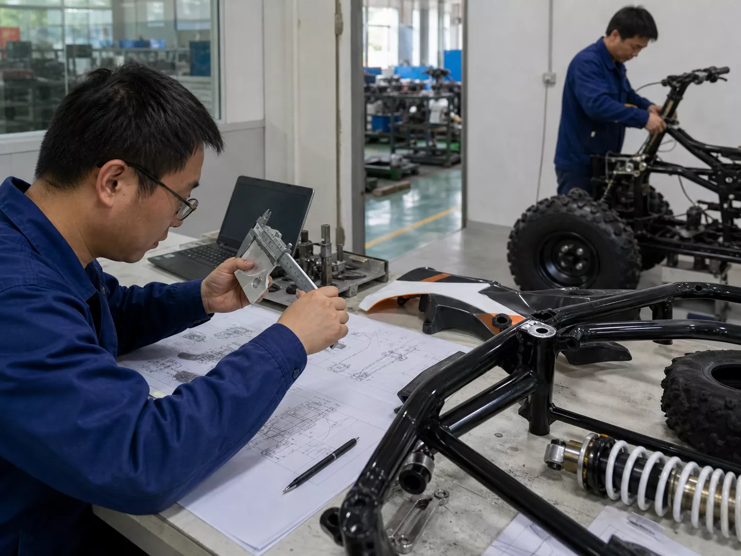 YKF MOTO engineer measuring ATV frame components during product specification review