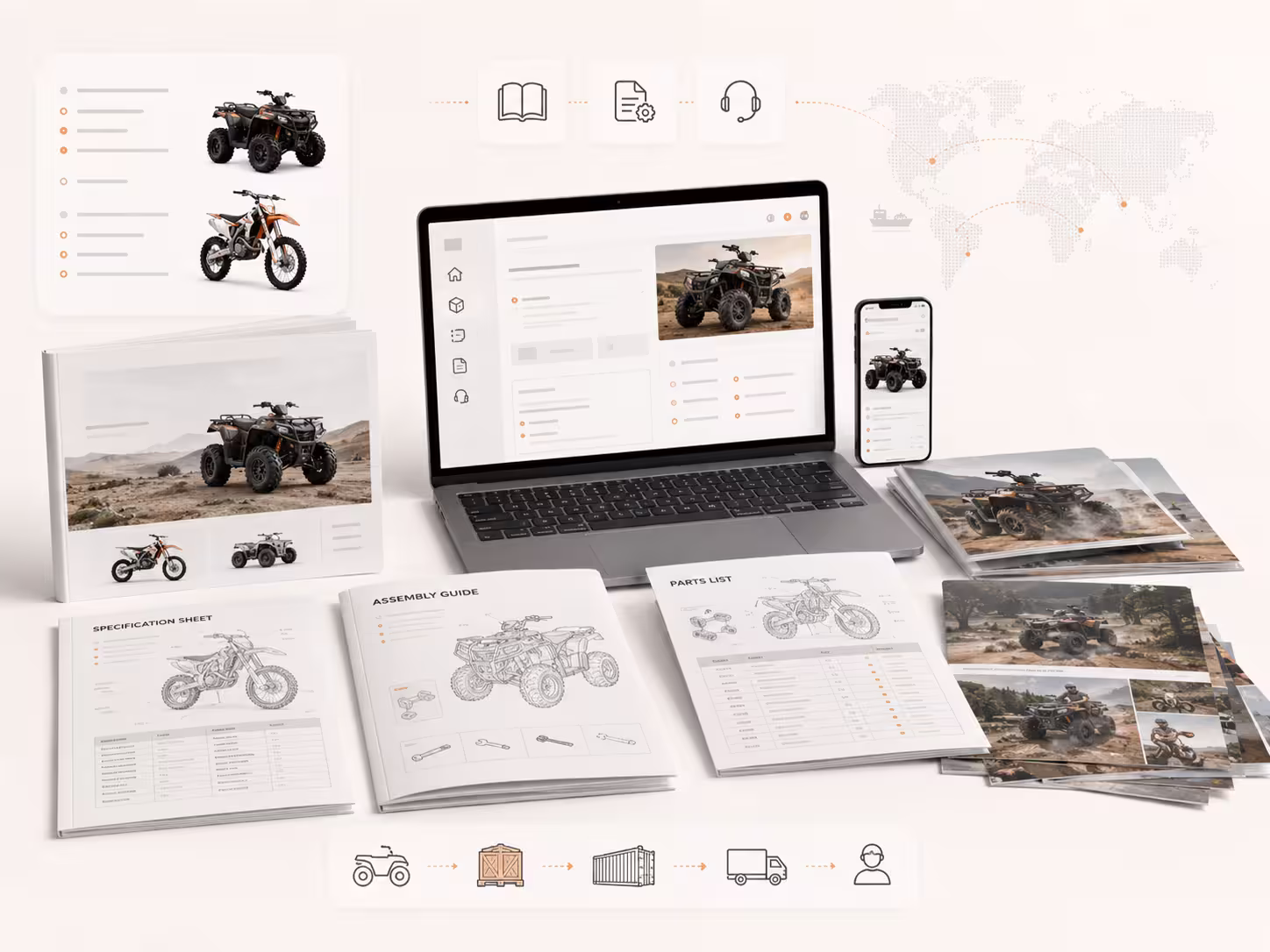 ATV dealer support materials mockup with catalog, spec sheets, and marketing assets