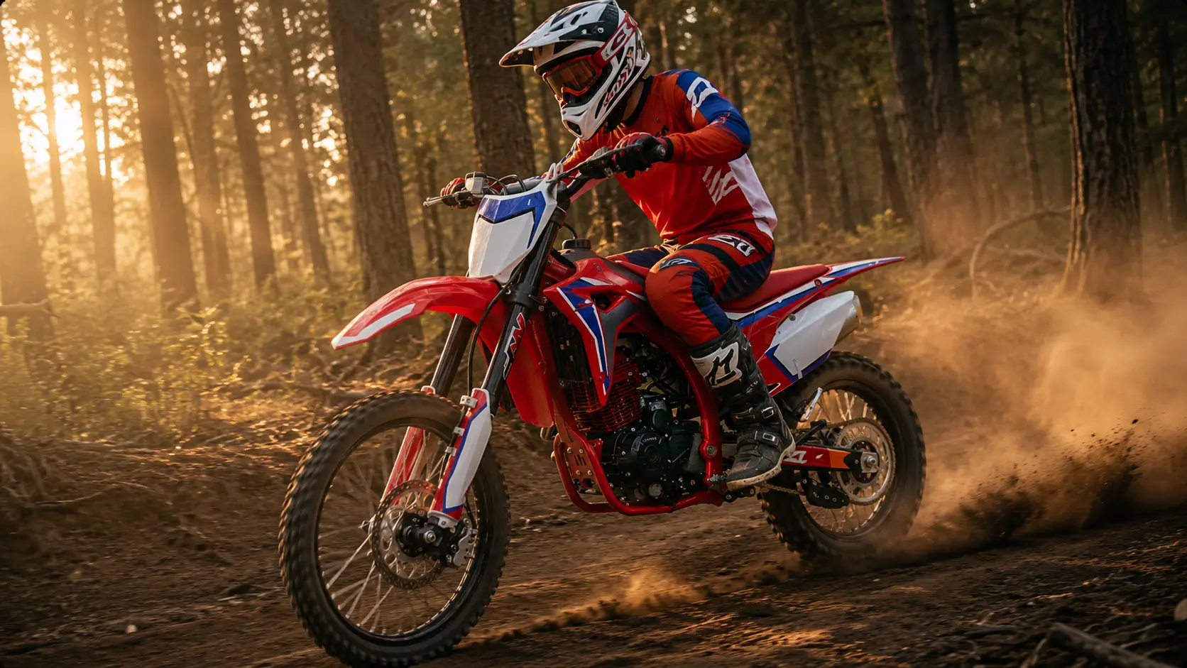 YKF-1 250cc trail dirt bike riding on a forest dirt trail