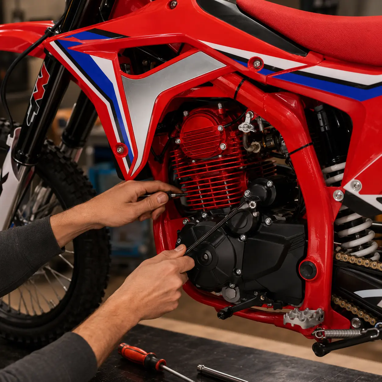 Mechanic servicing the air-cooled single-cylinder engine of a dirt bike