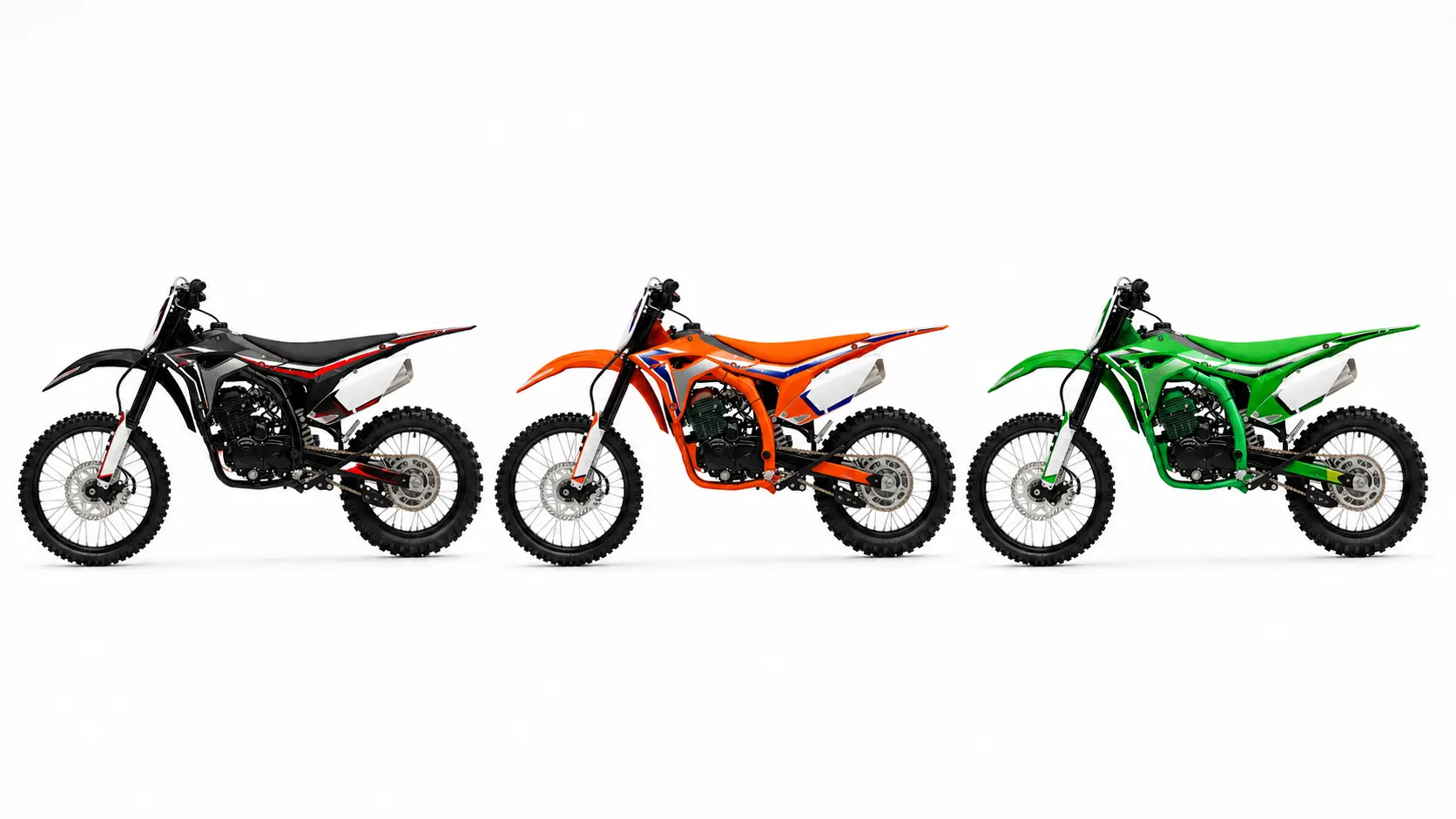 Three YKF-1 dirt bikes in different colorways shown side by side