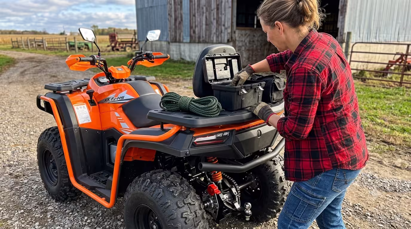 YKF-HS utility ATV carrying equipment on a property service route