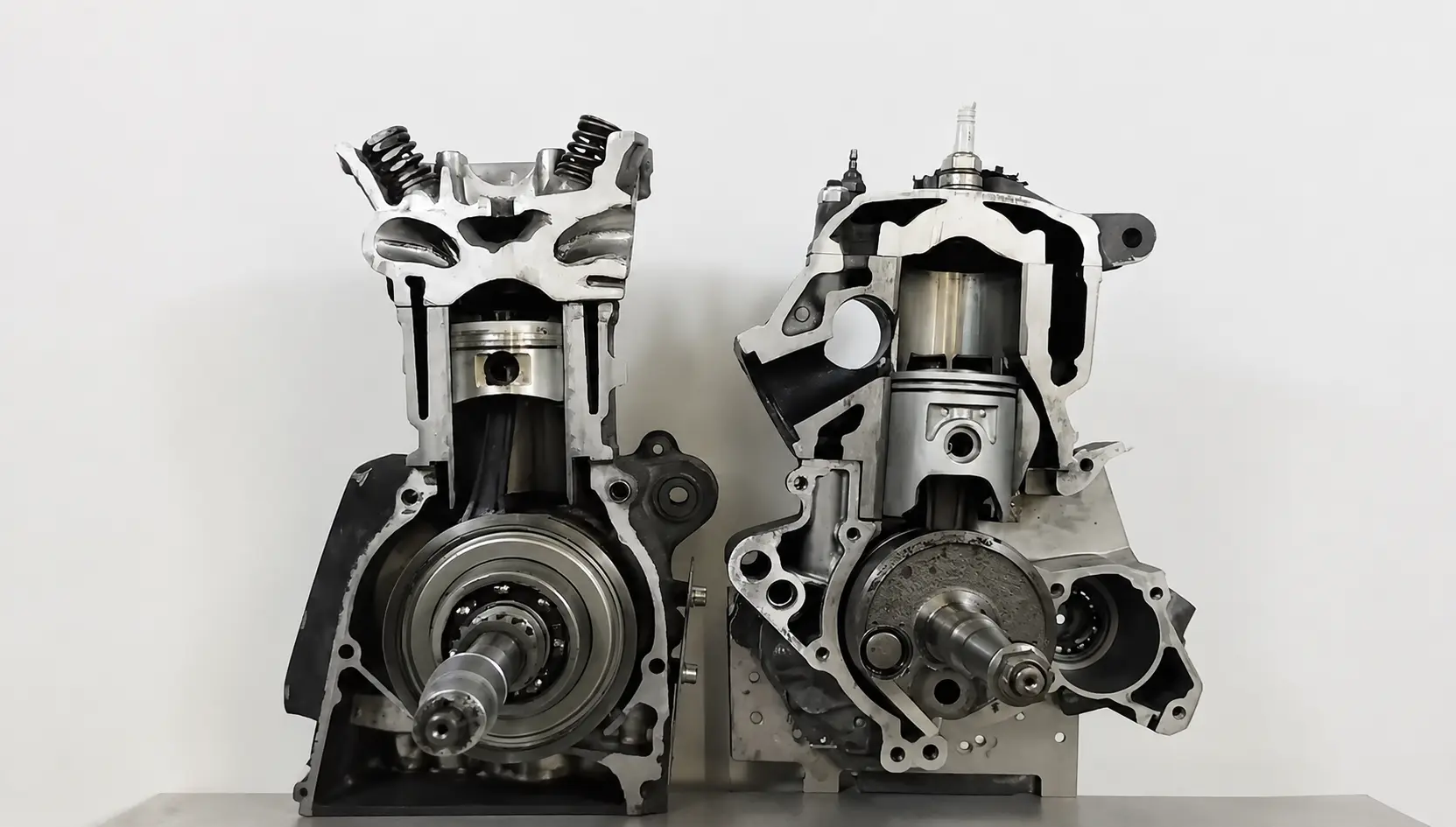 2-stroke engine cutaway showing cylinder, piston, crankcase, intake, exhaust, and transfer port gas flows.